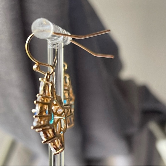 Bomb Party | Blue Center Stone and Clear Marquis Shaped CZ Gold Plated Earrings - Picture 6 of 13